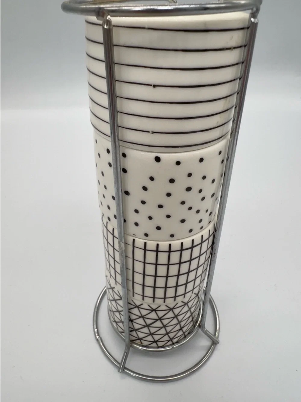 Stackable Ceramic Espresso Cup Set in White with Black Geometric Patterns
